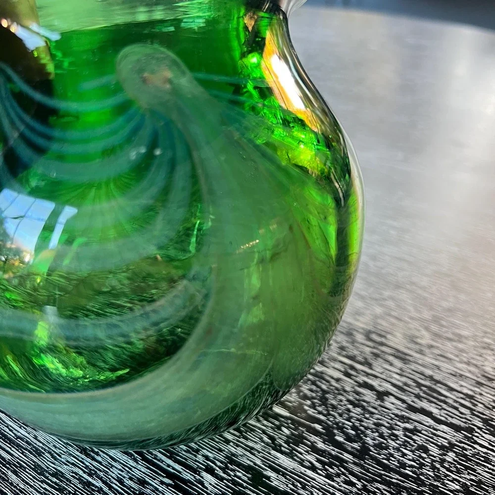 Blown Glass Vase - greenwith blue/gold scallop‎ swirls